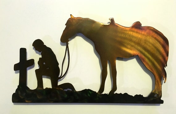 Cowboy & Horse Praying At Cross Indoor Or Outdoor Metal Wall Art