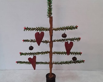 Primitive Faux Single Feather Tree with primitive valentine hearts