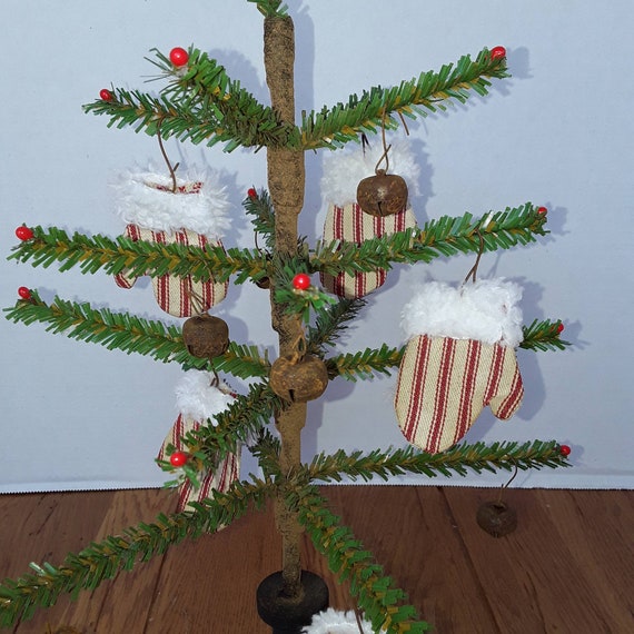 Primitive Christmas Small faux German feather tree with ornies