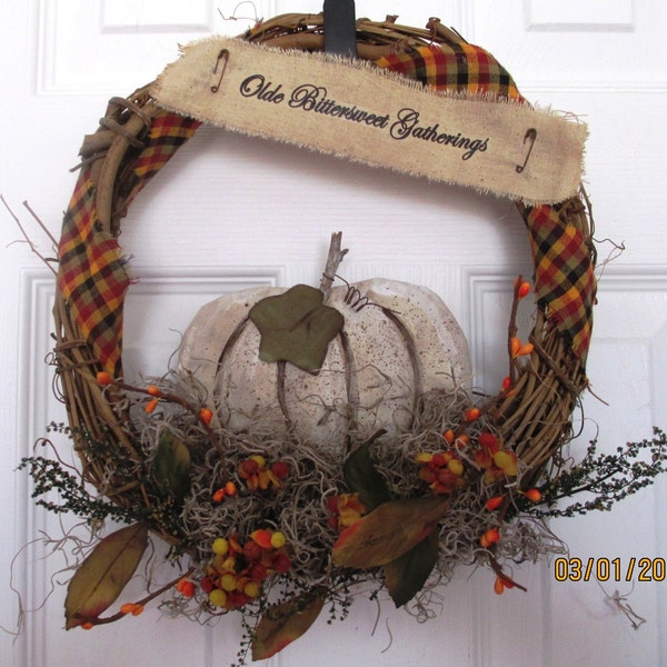 Primitive Fall Halloween Folk Art Country Wreath with white pumpkin and bittersweet