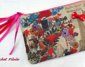 Pochette en tissu,rouge,multicolore,paris avec tour eiffel