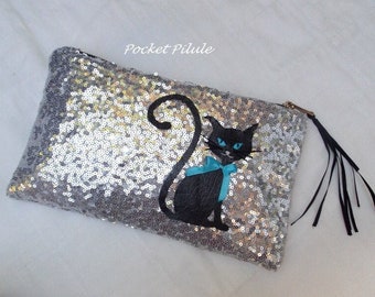 Femme,sac,pochette de soirée en tissu lamé,argenté,chat noir,