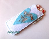 quot Turquoise heart quot pill case white thick felt, grey, silver butterfly back