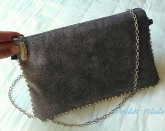 Sac à main bandoulière femme,gris,chaîne argente,suédine daim,velours effet simili cuir