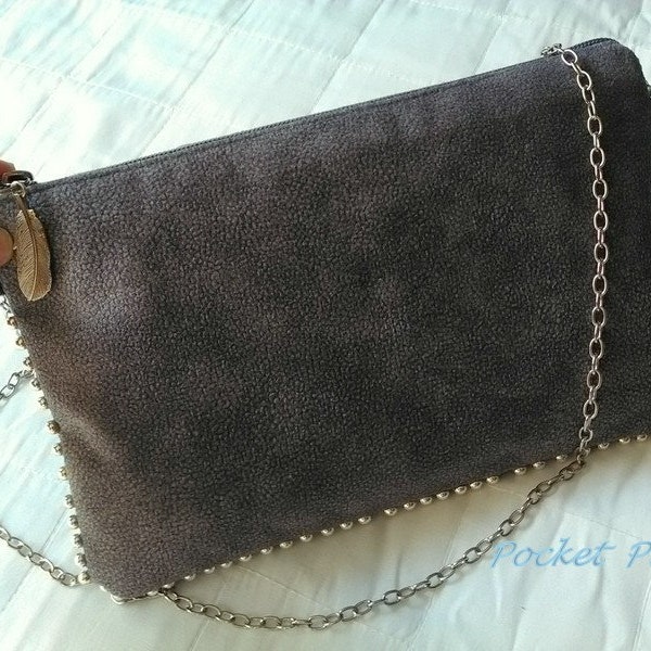 Sac à main bandoulière femme,gris,chaîne argente,suédine daim,velours effet simili cuir