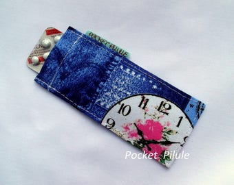 Etui pilule, plaquette de pilule "Tic et Tac"aspect jean bleu,rose