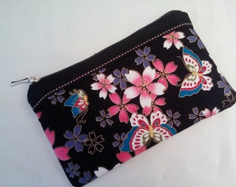 Pochette pétillante en coton imprimée,noir,rose, violet avec des papillons, fermeture éclair, idée cadeau femme original