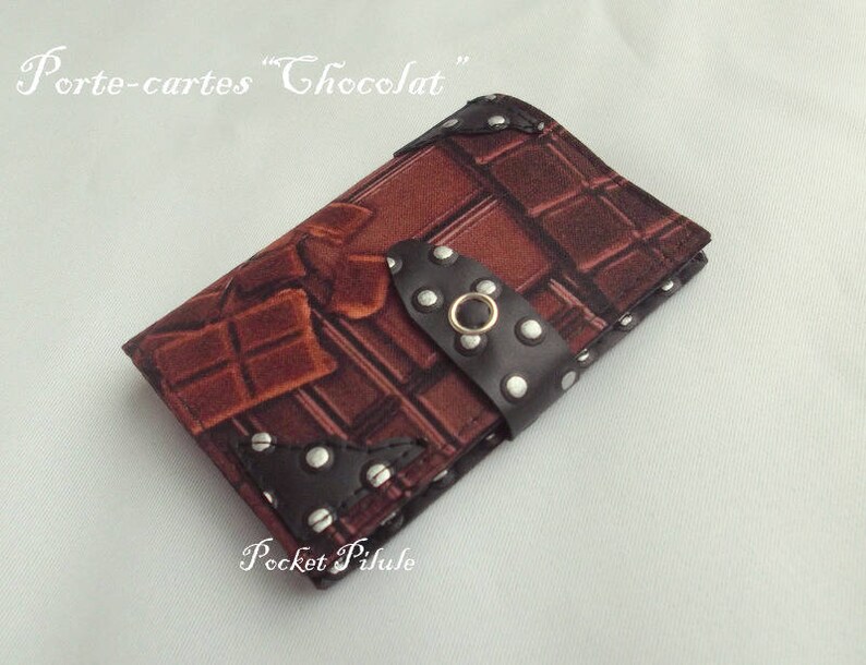 Porte-cartes Chocolat homme et femme,tissu imprime,marron,simili cuir noir image 2