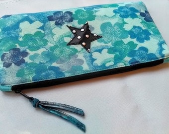 Pochette zippée ,bleu turquoise, en tissu, étoile en simili cuir, cadeau pour elle