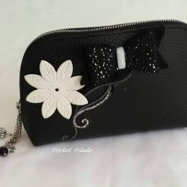 Pochette cérémonie noir et blanc fantaisie,fleur,papillon,simili cuir,dentelle,cuir,idée cadeau