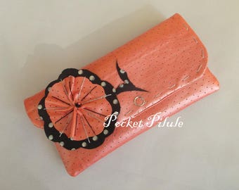 Portefeuille "Petits pois "fleur,simili cuir,couleur saumon rose orangé