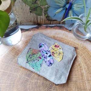 Petit porte monnaie,cartes"Papillon"lin,gris, idée cadeau écologique
