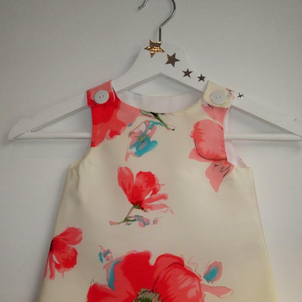 Robe "LUCIE" 6-24 mois,évolutive,blanc cassé,fleurs rouge,coton