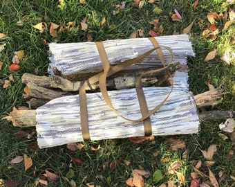 Handwoven rag rug firewood carrier, log sling for fireplaces, fire pits and bonfires. Log tote for home, cabin, lake, RV or tent camping.