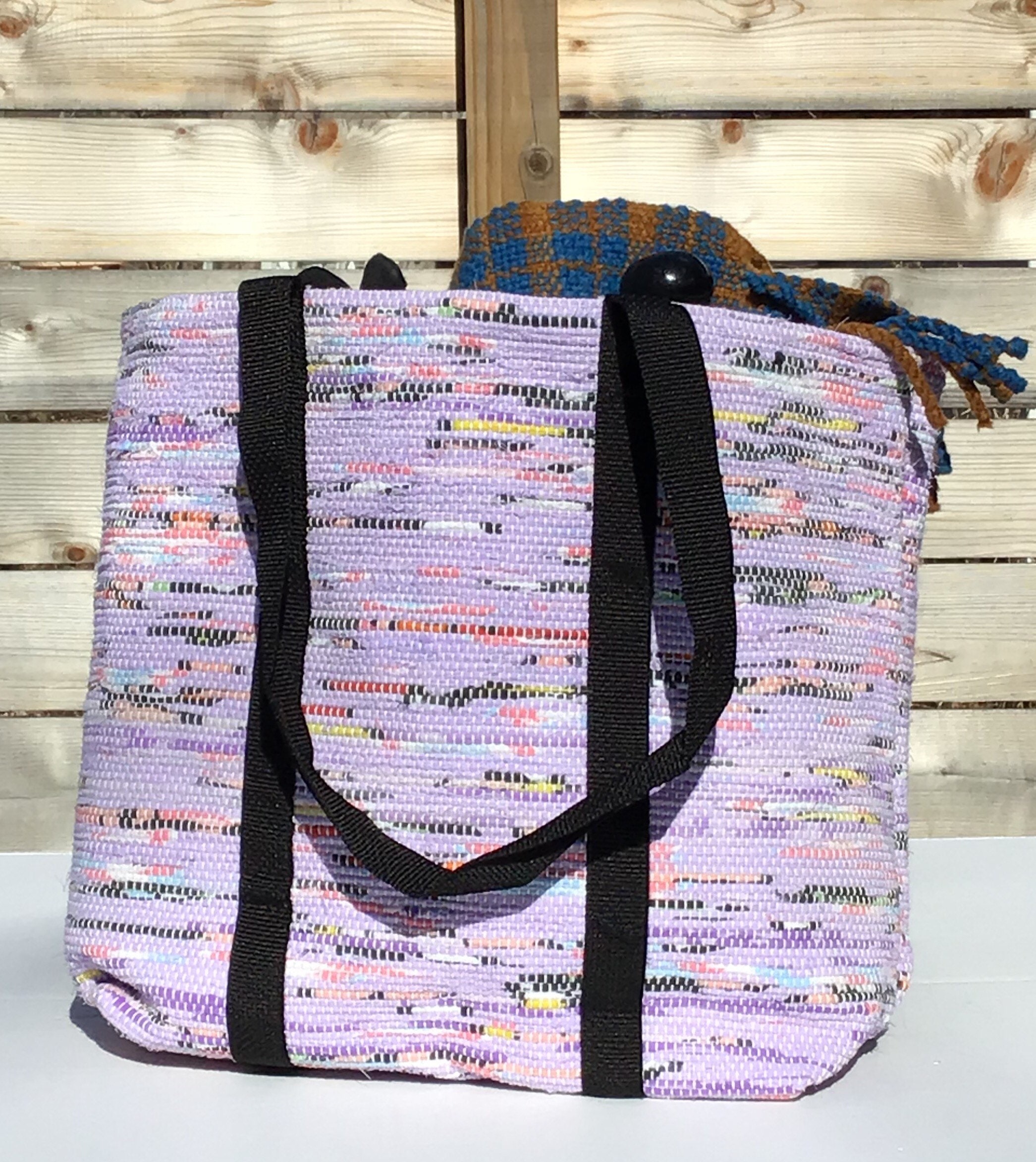 Fully lined rag rug woven tote bag for women with six pockets. Etsy