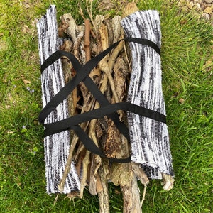 Handwoven rag rug firewood carrier: a great accessory for fireplaces, fire pits, fishing or hunting cabins, lake homes, picnics, or camping.