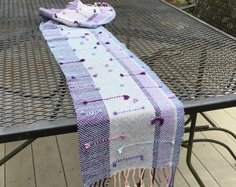 Table runner handwoven in Spring-hued cotton pastel yarns. Perfect for a Bridal brunch buffet, tea parties, baby showers and more.