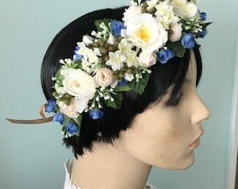 Colorful Flowers Wreath, Bridal Floral Headpiece, Wedding Tiara, White and BlueFlower Crown