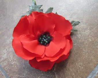 Large and Beautiful Red Poppy Hair Clip or Dress Pin with Green Leaves