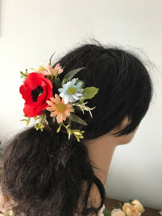 Beautiful Red Poppy Hair Comb Wedding Prom Maid Of Honor Etsy