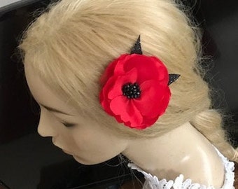 3 Beautiful Red Poppy Hair Clip or Dress Pin with black leaves.