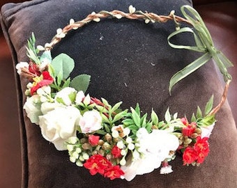 Red, Ivory Flower Crown, Wedding Floral Crown, Bridal Wreath