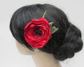 Beautiful Red Poppy Hair Clip or Dress Pin with Green Leaves, Choose Deep or Medium Red