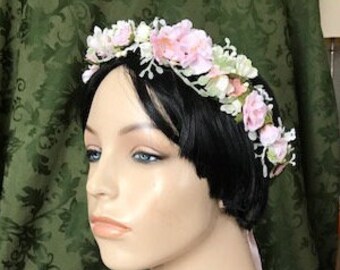 Light Pink Roses, Cherry Blossoms Crown,Flower Girl Hair Wreath, Prom, Wedding Floral Crown