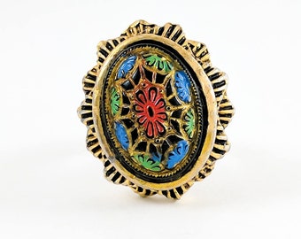 Red gold ring vintage tortoiseshell ring painted adjustable cocktail ring costume jewelry turtle shell ring red blue green gold jewelry