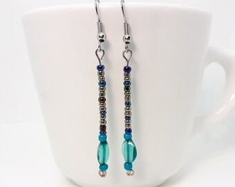 Silver, Chrome, Turquoise Beaded Drop Earrings, Handmade Bead Earrings