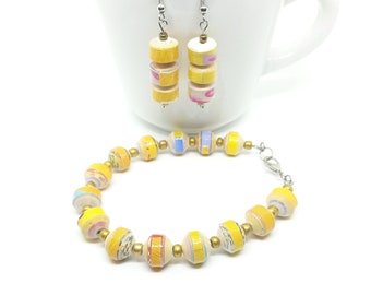 Handmade Paper Bead Bracelet and Earring Set; Recycled Magazine Paper Bead Jewelry