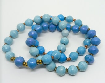 Blue & Gold Paper Bead Bracelet Set, Handmade Recycled Bracelets