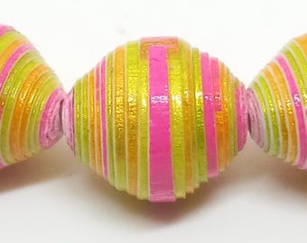 Vibrant Pink & Yellow Paper Bead Stretch Bracelet; Handmade