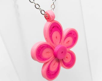 Handmade Paper Quilled Pendant; Pink Flower Necklace