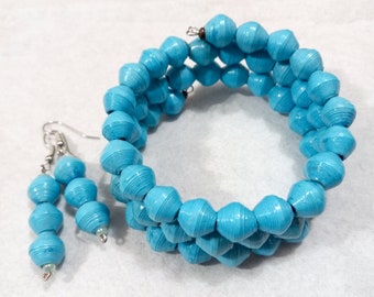 Handmade Blue Paper Bead Bracelet and Earring Set; Recycled Paper Bead Jewelry