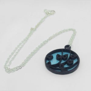 Black and Blue Paper Quilled Pendant; Handmade on Sterling Silver Necklace