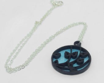 Black and Blue Paper Quilled Pendant; Handmade on Sterling Silver Necklace