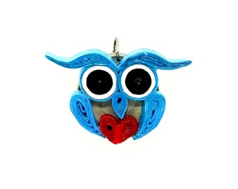 Paper Quilled Owl Pendant; Brown and Blue Own Necklace