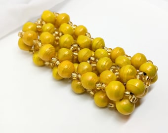 Golden Yellow Paper Bead Cuff Bracelet; Handmade Recycled Stretch Bracelet