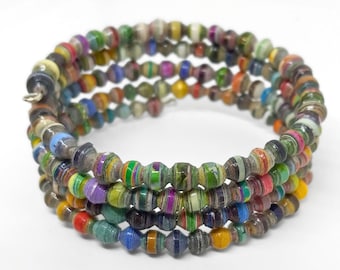 Handmade Recycled Paper Bead Bracelet - Memory Wire Wrap