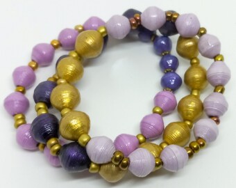 Handmade Purple & Gold Paper Bead Bracelet Set of 3