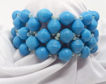 Blue Paper Bead Cuff Bracelet; Handmade Recycled Stretch Bracelet