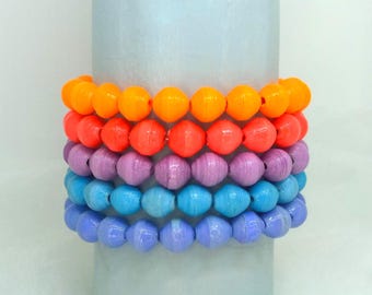 Vibrant Paper Bead Elastic Stretch Bracelet; Handmade