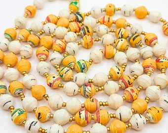 Handmade Paper Bead Necklace; Long Wrap Necklace; Yellow and White
