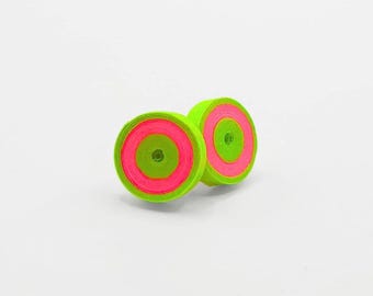 Green & Pink Paper Quilled Stud Earrings; Handmade