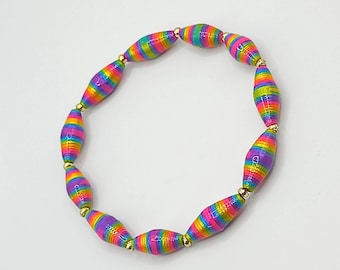 Rainbow Paper Bead Elastic Stretch Bracelet; Handmade