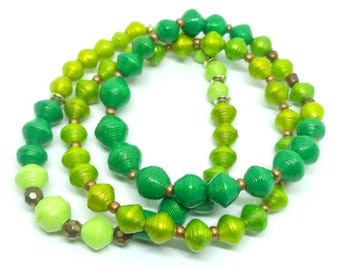 Handmade Green Paper Bead Bracelet Set, Recycled Jewelry