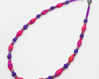 Handmade Paper Bead Necklace; Pink & Purple