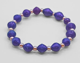 Handmade Paper Bead Elastic Stretch Bracelet; Purple