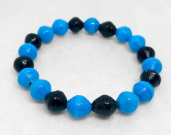 Handmade Paper Bead Stretch Bracelet; Black & Blue; Eco‑Friendly Recycled Jewelry